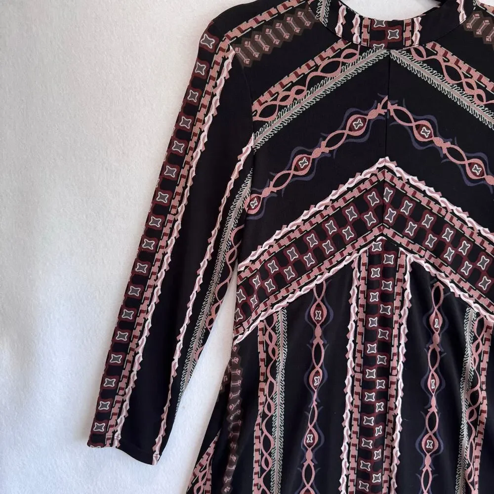 Free People Boho Geometric Print Long Sleeve A-Line Mini Dress Lined sz M